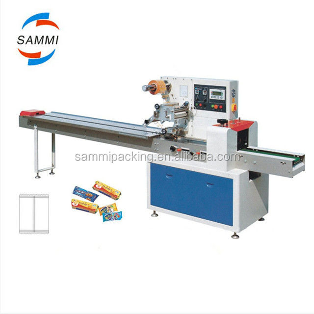 Многофункциональная горизонтальная упаковочная машина для подушек: печенье, шоколадные батончики, напитки. Основная функция: формование, наполнение, запайка, продольная резка.